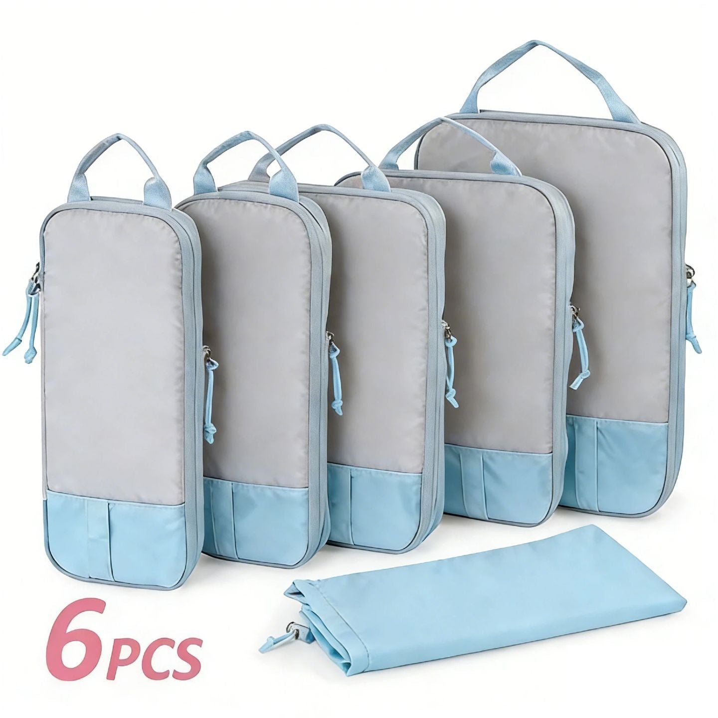Foviel T1 Compression Packing Cubes for Travel Luggage, 6 Pcs Expandable Packing Organizers Foldable Lightweight Suitcase Storage Bags for Travel Accessories, Women Men, Baby Pink