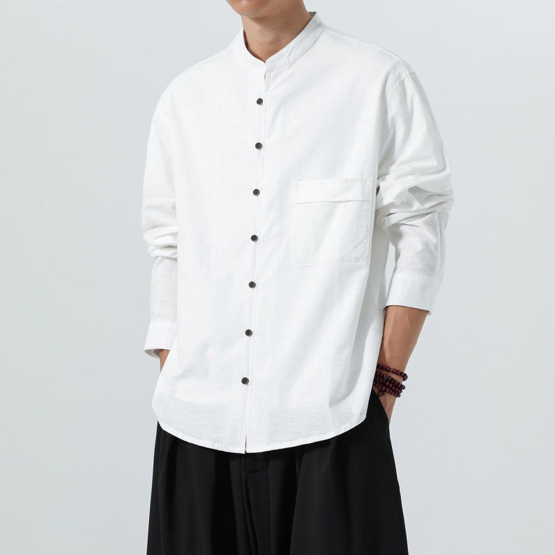 Buddha Stones Fall Minimalist Tang Style Mandarin Collar Patch Pocket Solid Men's Long Sleeve Shirts With Pocket - White - US/UK/AU46,EU56 (5XL) - image 18