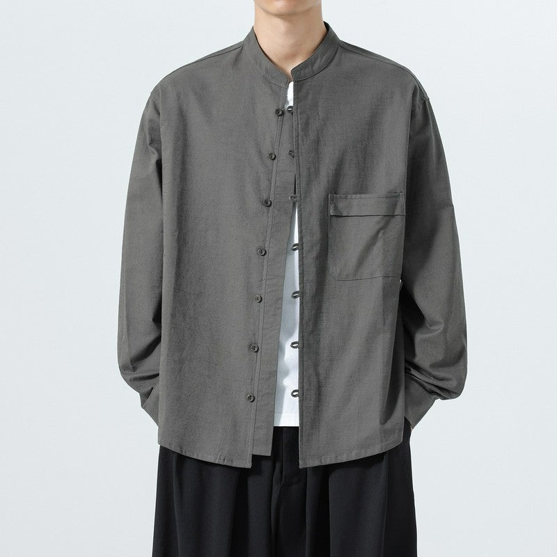 Buddha Stones Fall Minimalist Tang Style Mandarin Collar Patch Pocket Solid Men's Long Sleeve Shirts With Pocket - DimGray - US/UK/AU46,EU56 (5XL) - image 0