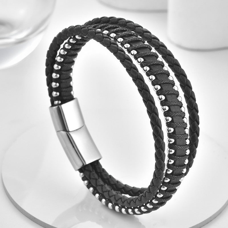 Buddha Stones Black Leather Braided Design Double Layer Strength Bracelet - image 1