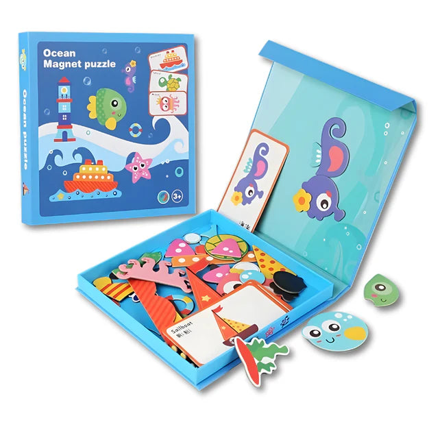 Fidtoy Ocean Magnetic Board Puzzle Cardboard Magnetic Book Puzzle Set for Kids Ages 3-6 Shape Matching Travel Learning Toy