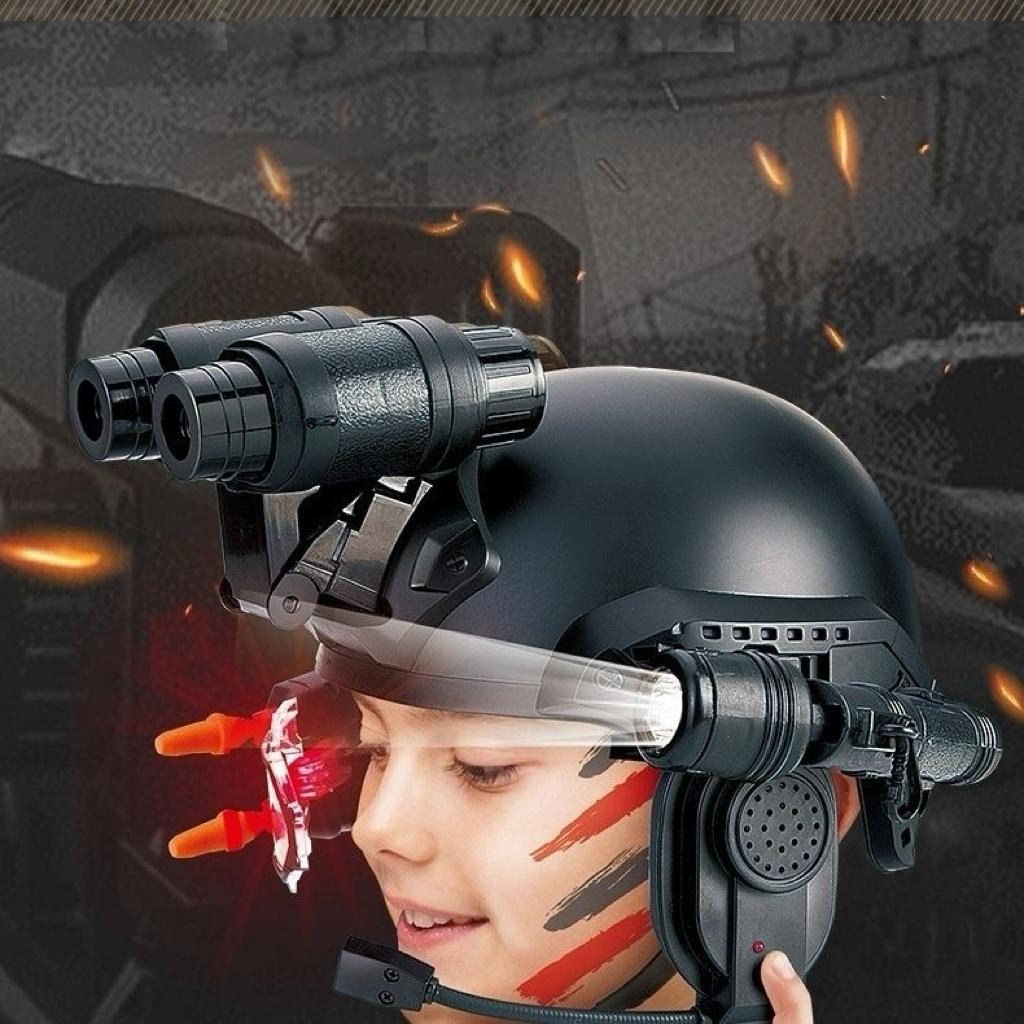 Casque Tactique Multifonctionnel Modèle Enfant Ensemble Extérieur avec Jumelles, Lampe de Poche, Télescope Haute Définition, Microphone de Communication Infrarouge et Amplificateur Un Jouet Cadeau Parfait pour les Garçons