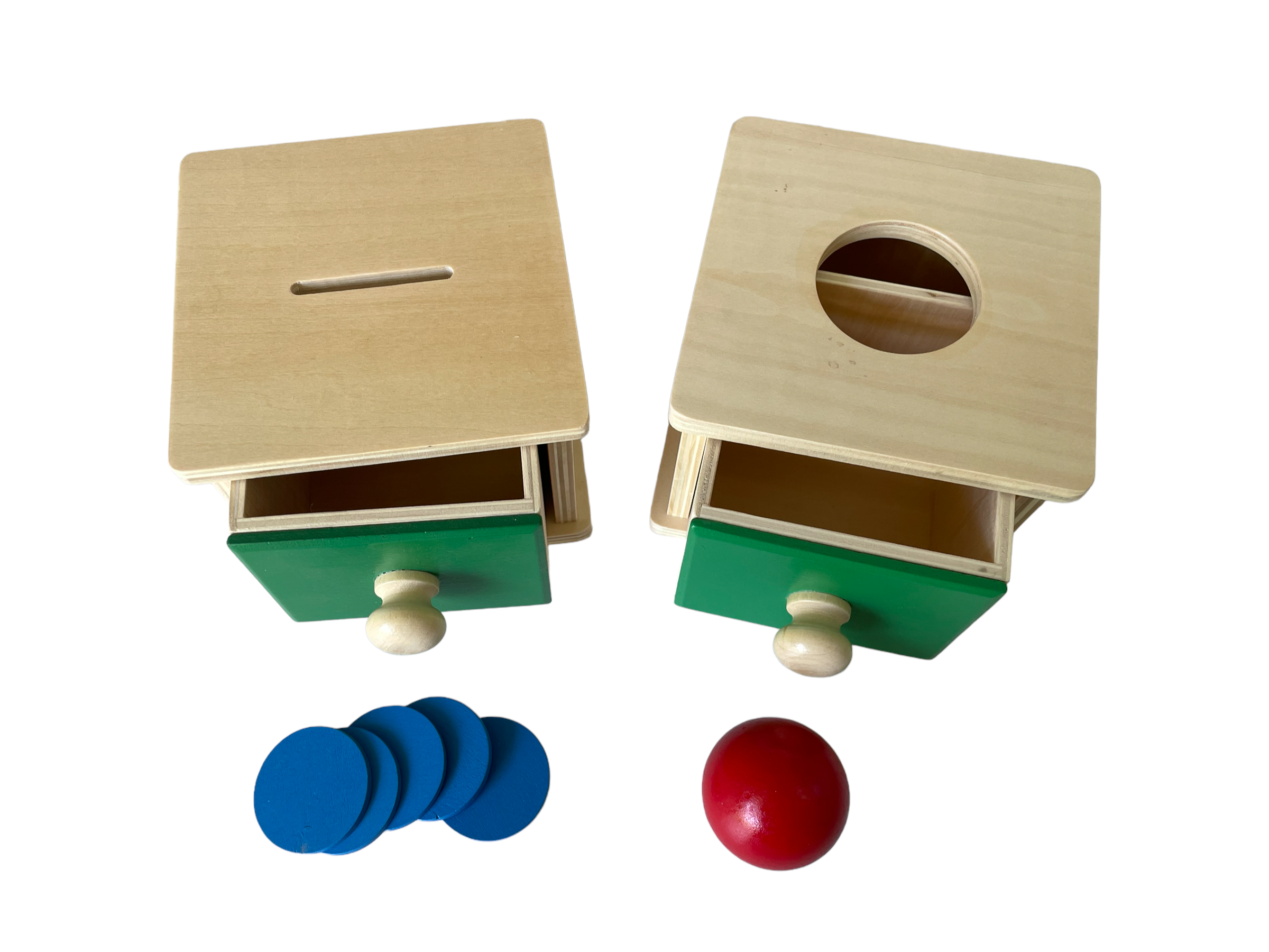 Caja de extracción y pelota Montessori, cajón y monedas