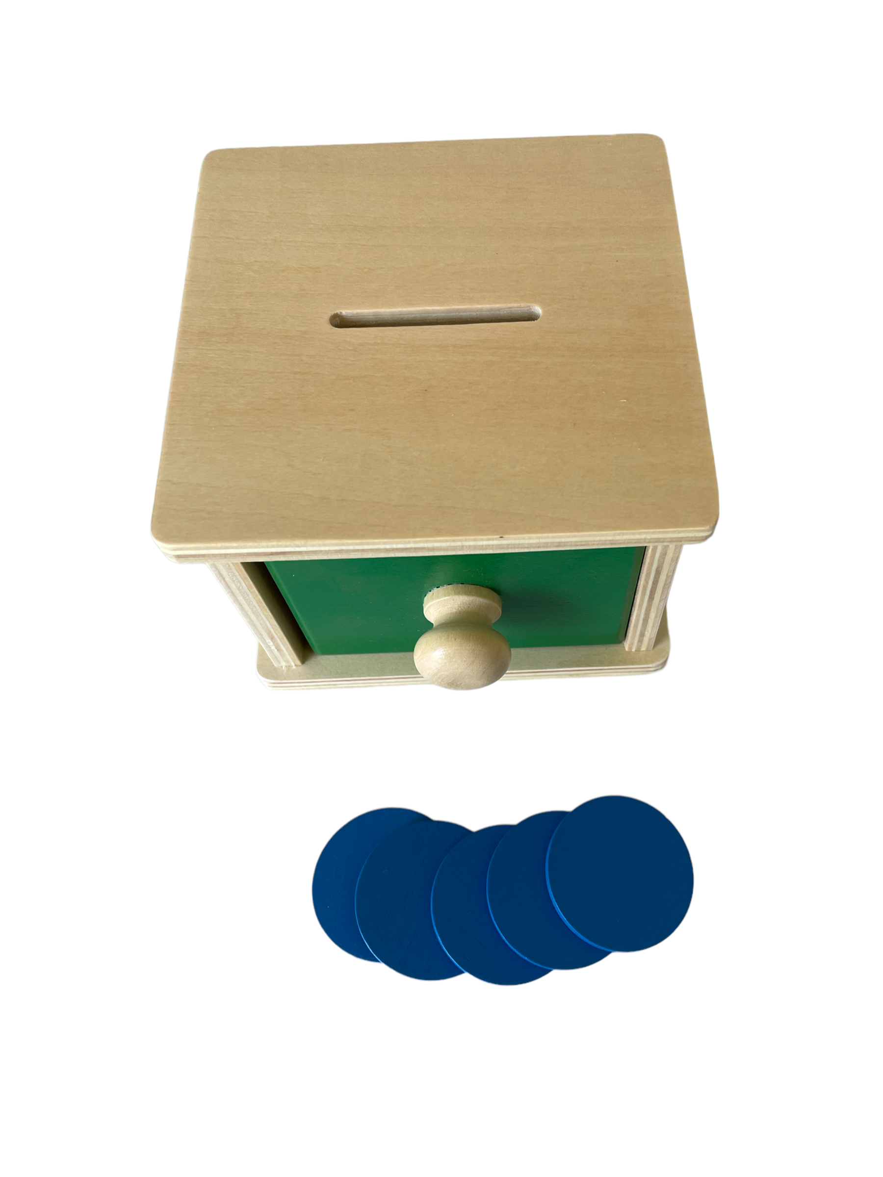 Caja de extracción y pelota Montessori, cajón y monedas