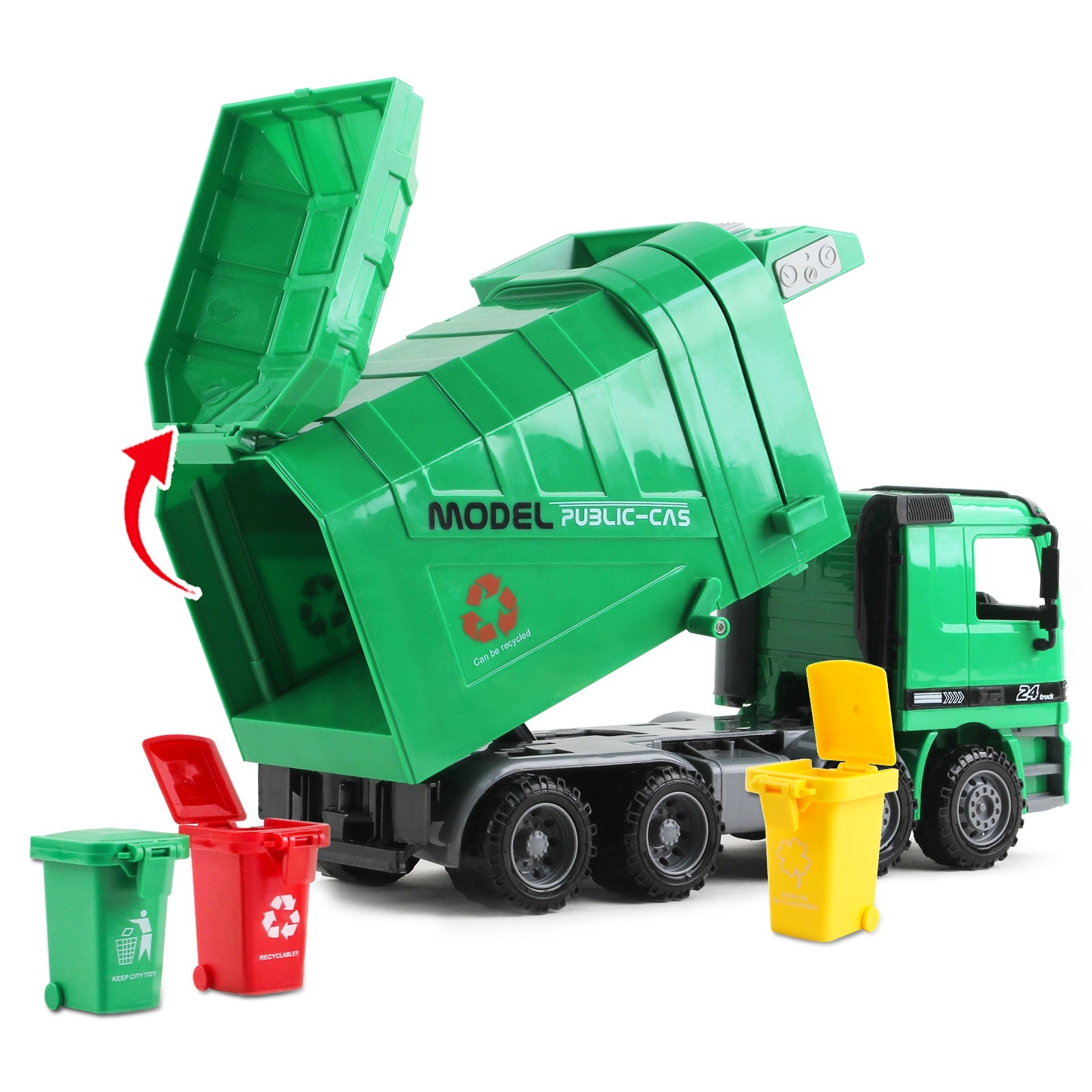 1:10 Scale Friction Powered Engineering Construction Garbage Truck Vehicle Three Bins Inertial Automatic Sensor–Educational Gift for Kids