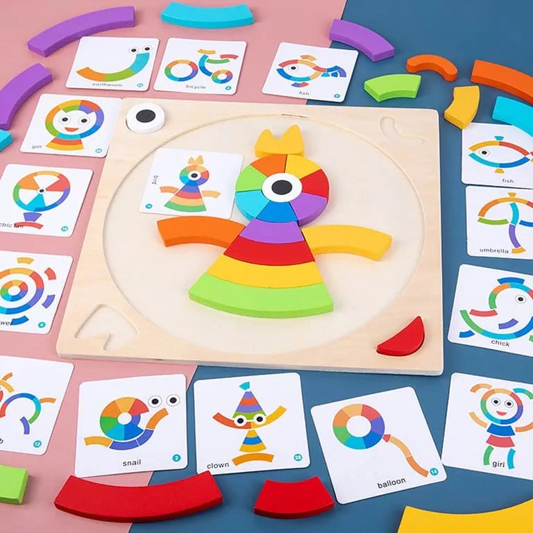 Fidtoy Rainbow Colorful Pattern Puzzle Board with Cards Wooden Montessori Blocks Set for Toddlers Shape Color Matching Toy