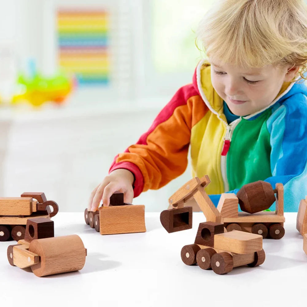 Fidtoy Wooden Vehicle Toy Set for Kids | Montessori Construction & Transportation Play