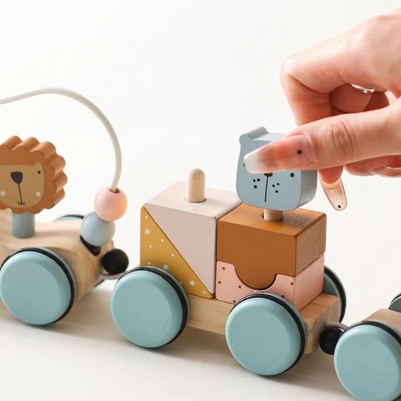 Juguete de arrastre de madera Fidtoy para niños pequeños, coche educativo 1+