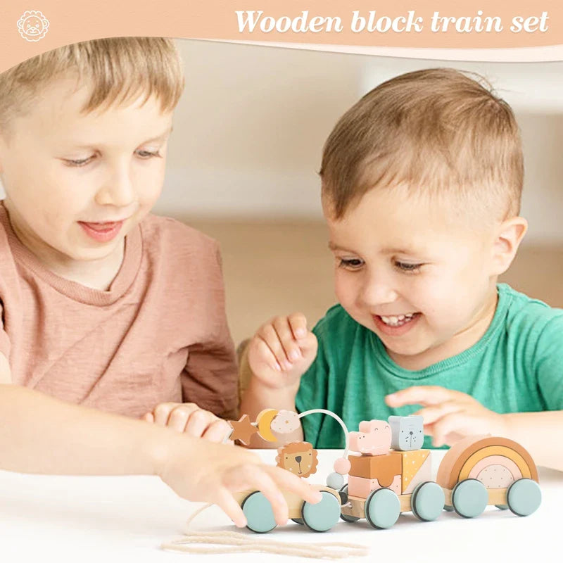Juguete de arrastre de madera Fidtoy para niños pequeños, coche educativo 1+