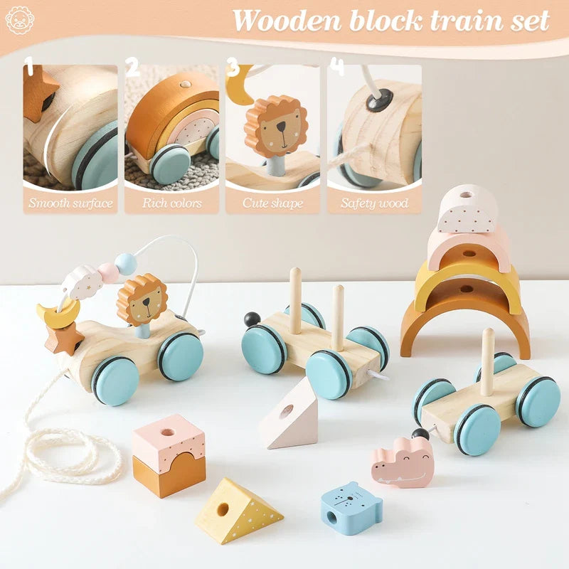 Juguete de arrastre de madera Fidtoy para niños pequeños, coche educativo 1+
