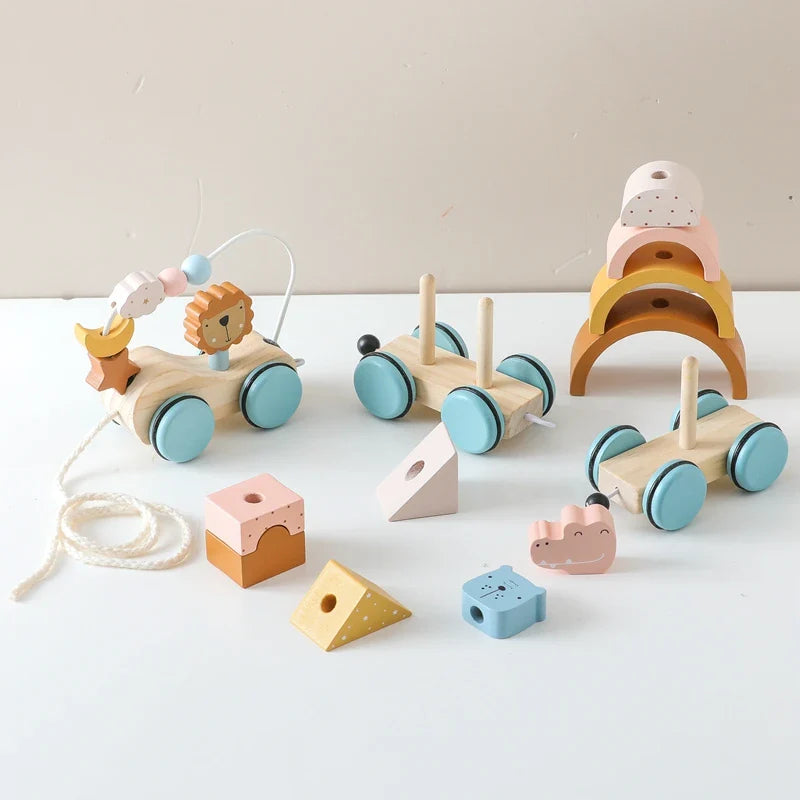 Juguete de arrastre de madera Fidtoy para niños pequeños, coche educativo 1+