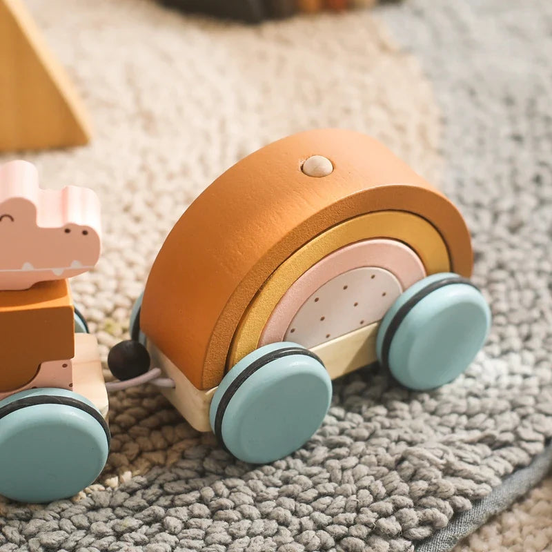 Juguete de arrastre de madera Fidtoy para niños pequeños, coche educativo 1+