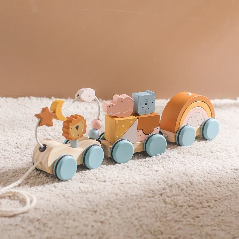 Juguete de arrastre de madera Fidtoy para niños pequeños, coche educativo 1+