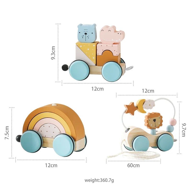 Juguete de arrastre de madera Fidtoy para niños pequeños, coche educativo 1+