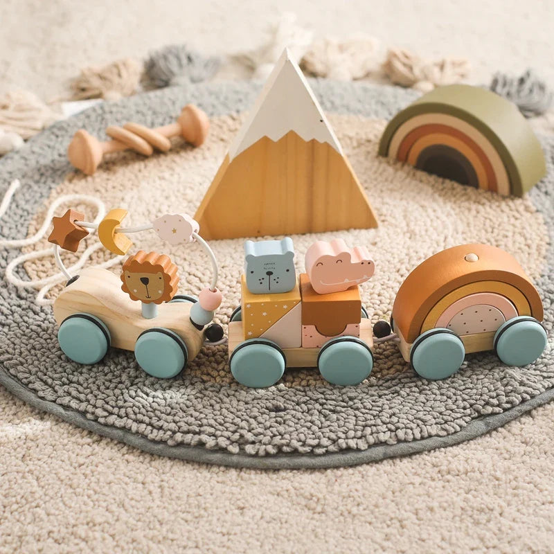 Juguete de arrastre de madera Fidtoy para niños pequeños, coche educativo 1+