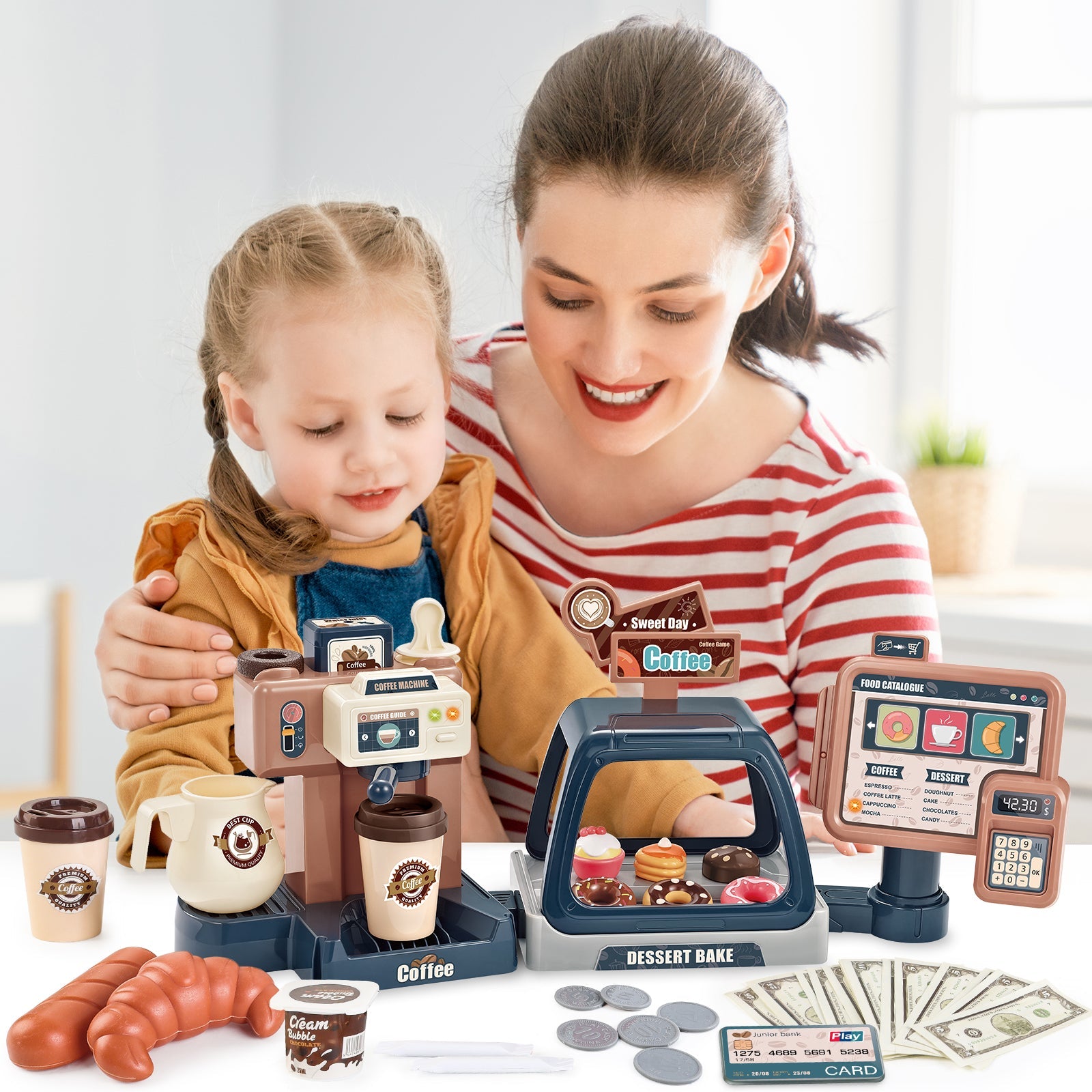 Juego de café de juguete para niños pequeños, tienda de juegos de cocina, juego de café, postres, compras con cafetera, caja registradora, juguete para niños de 3 años en adelante