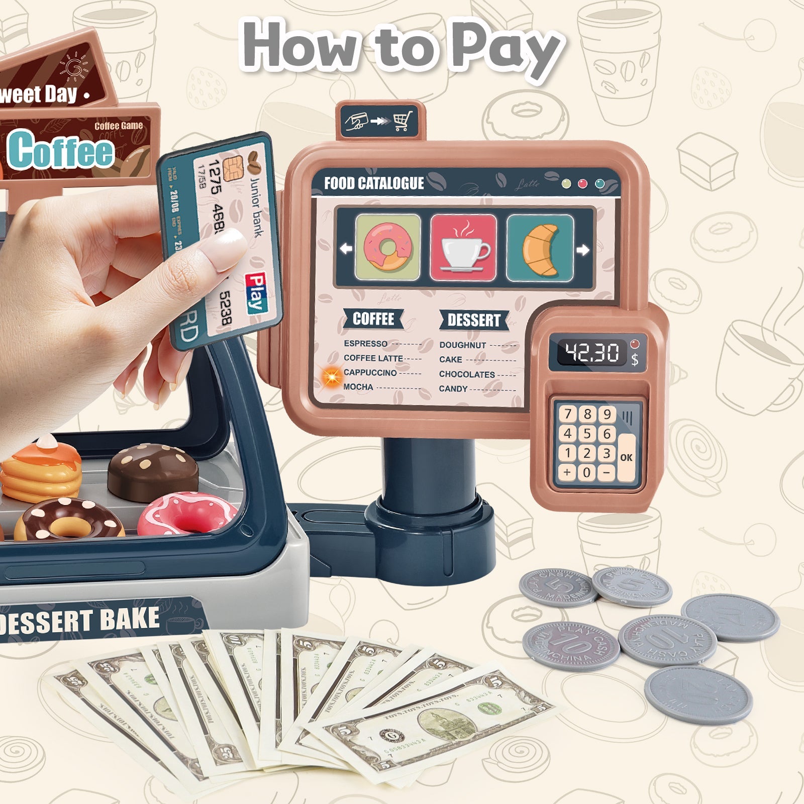 Juego de café de juguete para niños pequeños, tienda de juegos de cocina, juego de café, postres, compras con cafetera, caja registradora, juguete para niños de 3 años en adelante