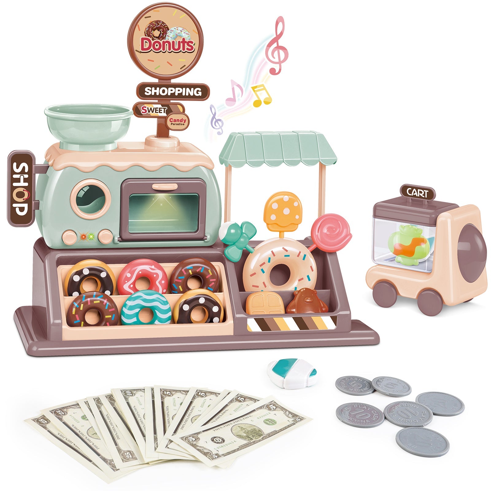 Juego de rol de tienda de donas de juguete para niños y niñas con máquina para hacer donas, donas de juguete, dulces y un horno