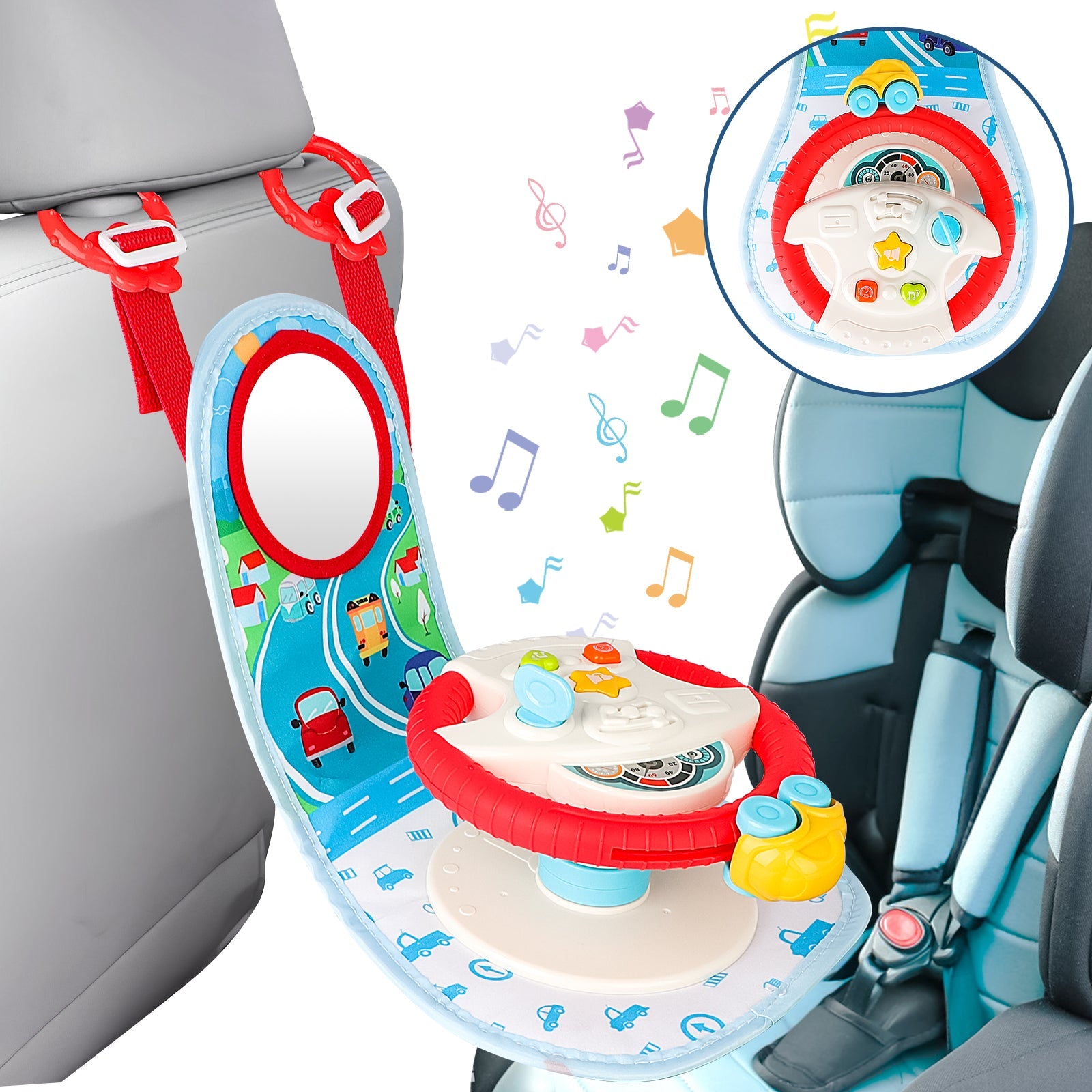 Jouet de Volant de Voiture Simulée pour Siège Arrière, avec Lumières et Musique, Cadeau Éducatif Amusant pour Enfants