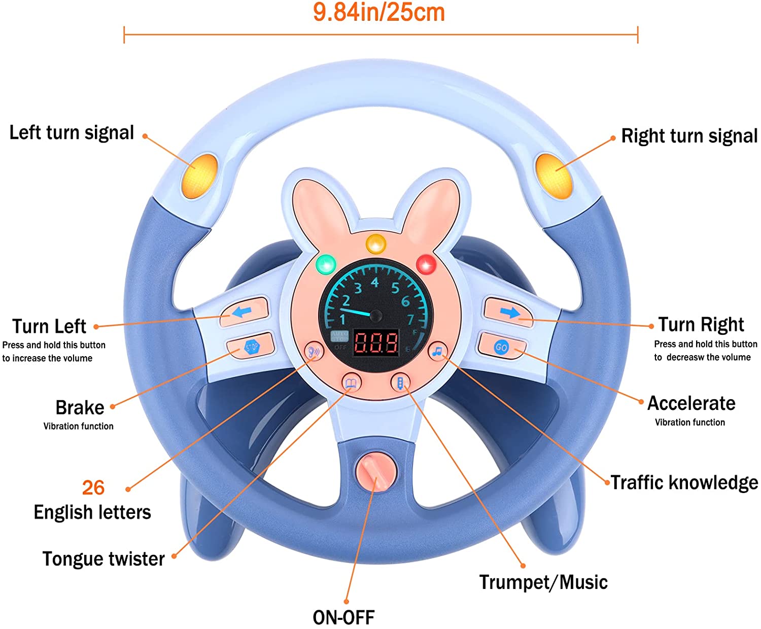 Volante para el asiento trasero del coche, juguete de volante de conducción simulada, con luz y música, regalos educativos para niños, azul