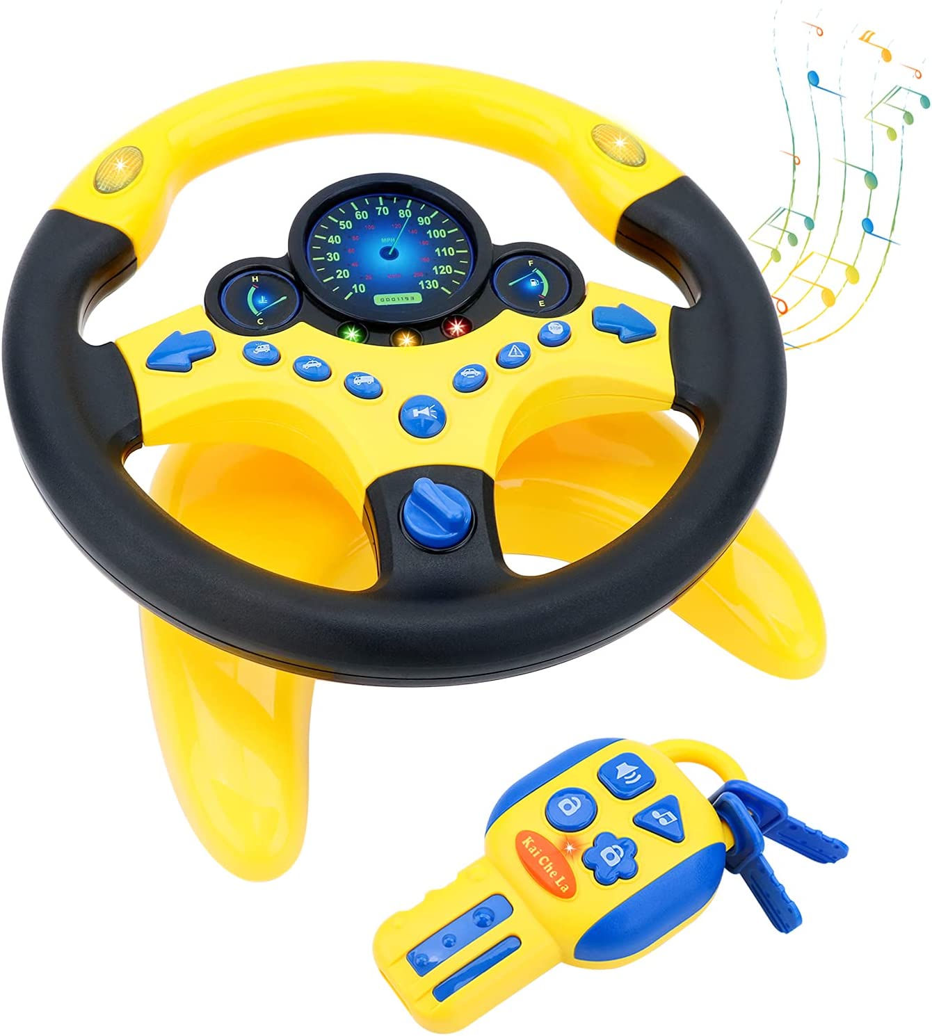Volant de Voiture pour Siège Arrière, Jouet Volant Simulé pour Enfants avec Lumières et Musique, Cadeaux Éducatifs - Jaune