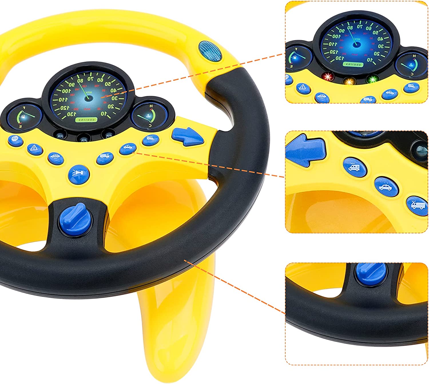 Volante para coche, asiento trasero, simulación de conducción, juguete con volante, luces y música, regalos educativos para niños - Amarillo