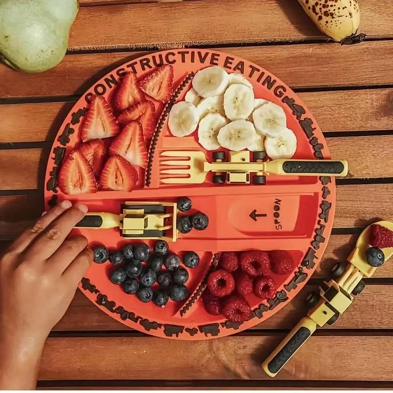 Plato y set de utensilios de construcción ExcavaBite para niños