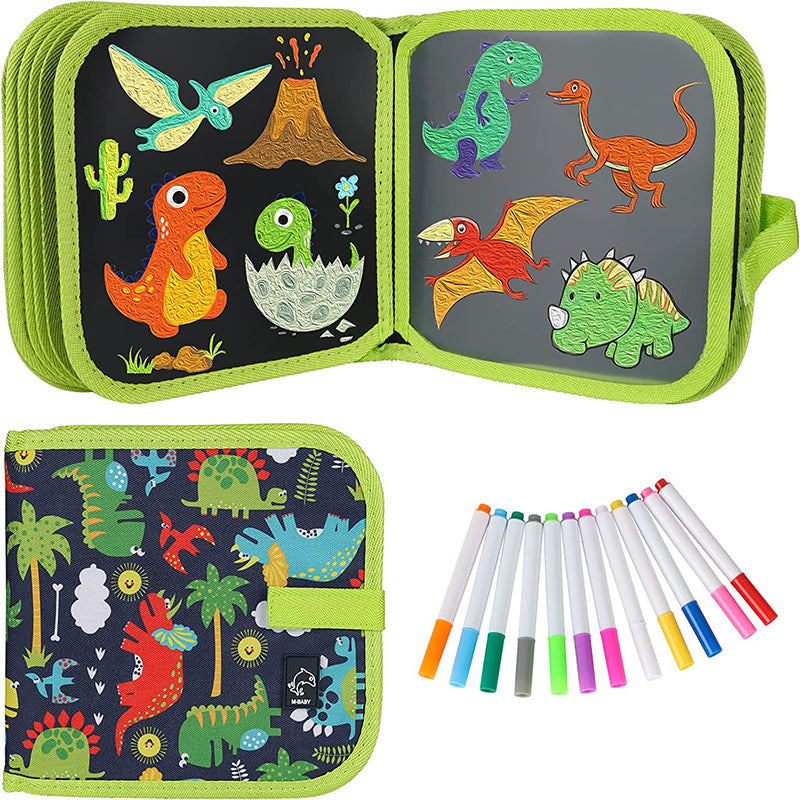 Fidtoy Reusable Drawing Slate Book for Kids – Erasable Doodle Book with Washable Markers, Portable Travel Drawing Pad, Dinosaur Theme, and Creative Writing Practice