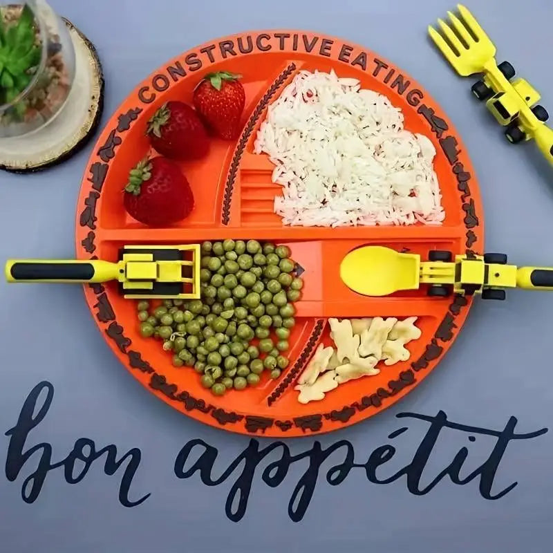 Plato y set de utensilios de construcción ExcavaBite para niños