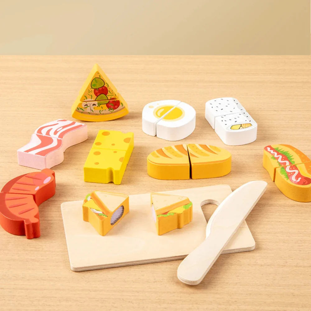 Fidtoy Wooden Cutting Food Play Set for Kids | Montessori Pretend Play & Fine Motor Skills