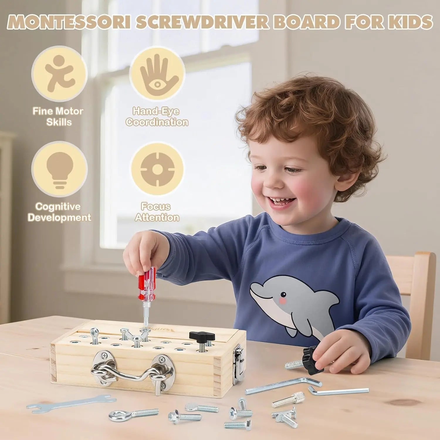 Fidtoy Montessori Screwdriver Board for Kids Wooden Tool Toy Fine Motor Skills Learning