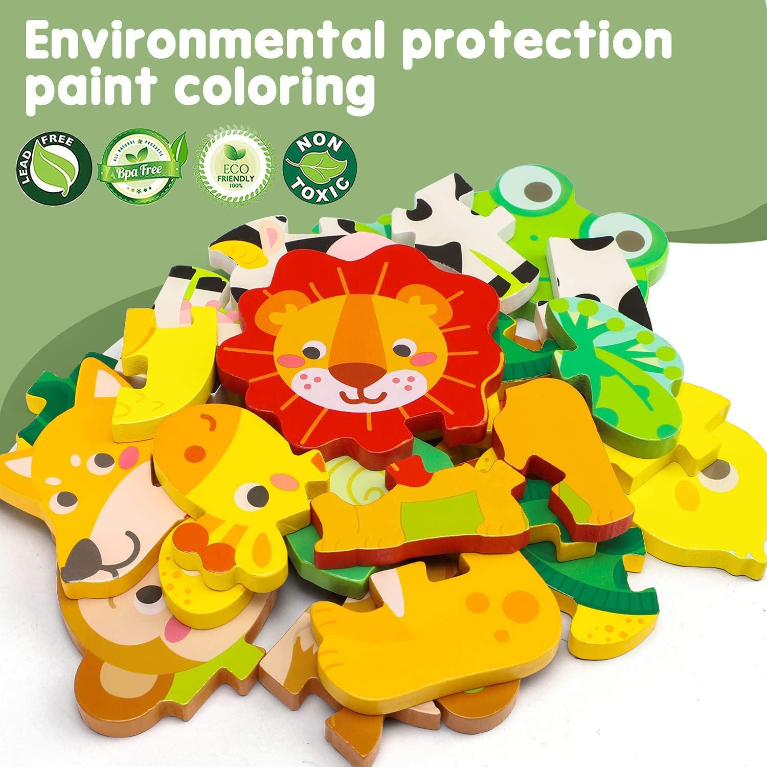 Fidtoy Wooden Animal Puzzle for Toddlers – Montessori Shape & Color Learning Toy