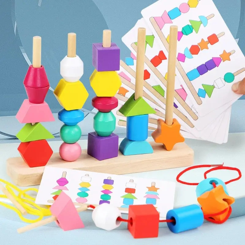 Fidtoy Montessori Juego de emparejar formas de madera, juguete de secuencia y enhebrado para niños pequeños