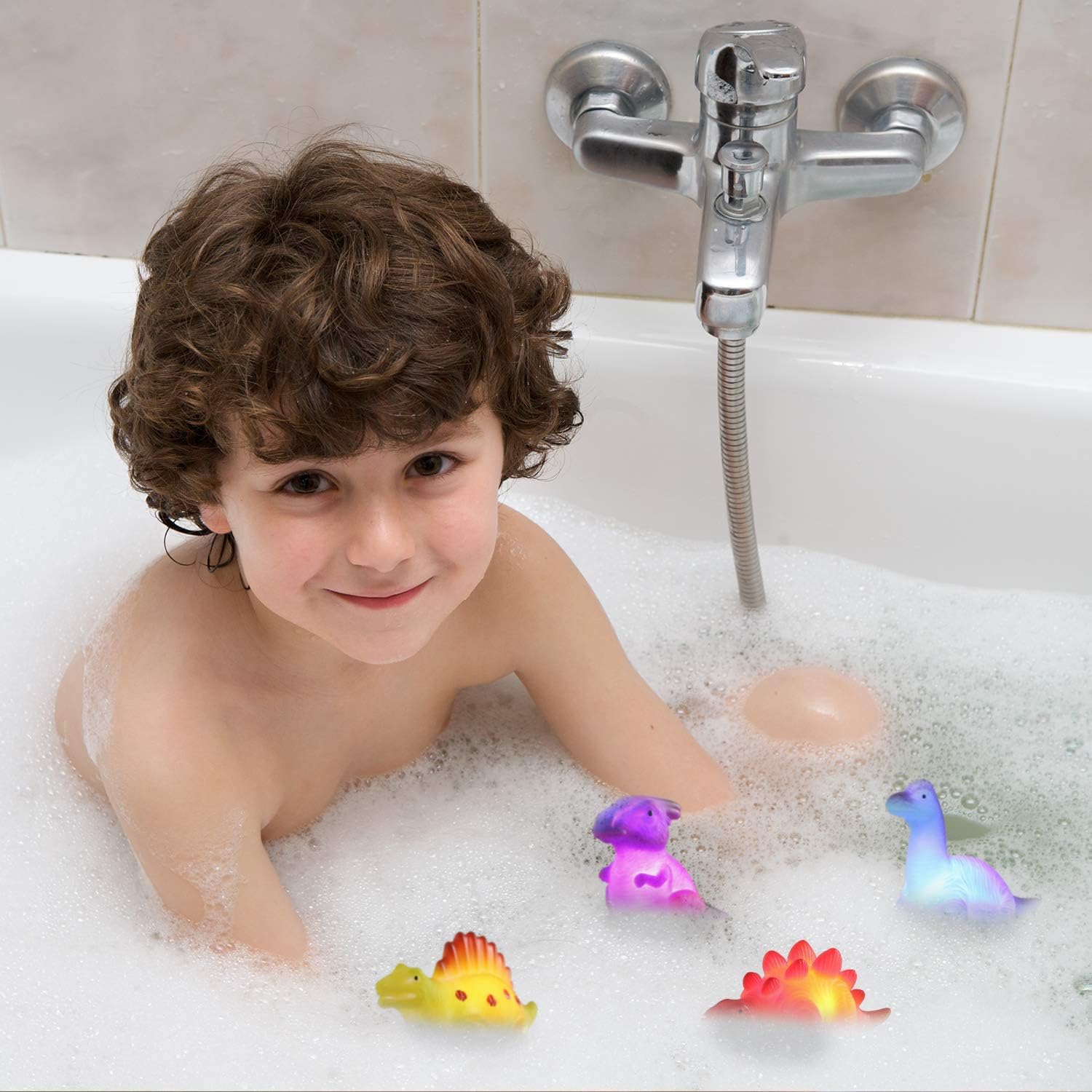 Fidtoy Dinosaur Bath Toys Light Up Floating Set for Toddlers (6 Pack)