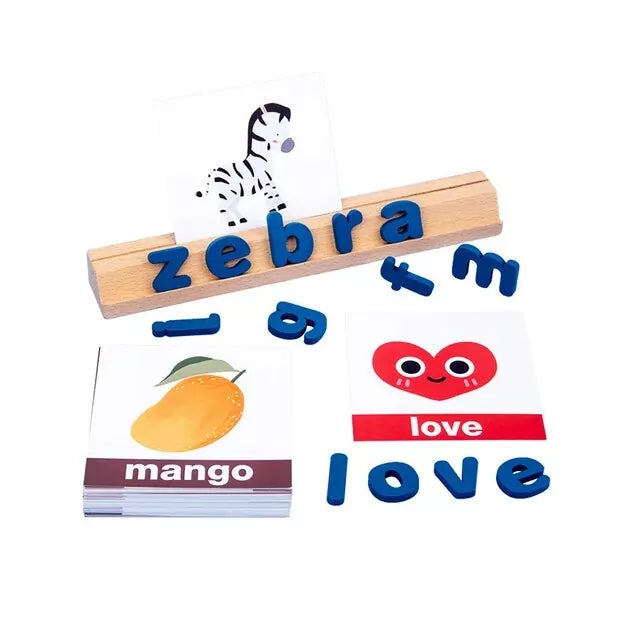 Fidtoy Zebra Vocabulary Building Wooden Spelling Game, Wooden Preschool Word Matching Toy with 78 Letter Blocks, 50 Cards and Wooden Card Slot Ages 3+