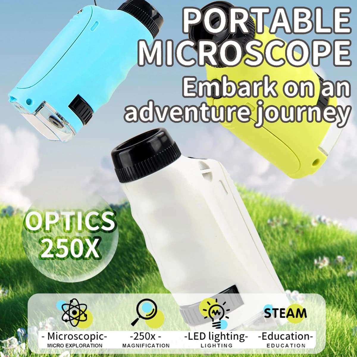 Fidtoy STEAM Portable Microscope Optics Experiment Kit for Kids, 250X Handheld Pocket Microscope with LED Light, Phone Connection and Manual Zoom