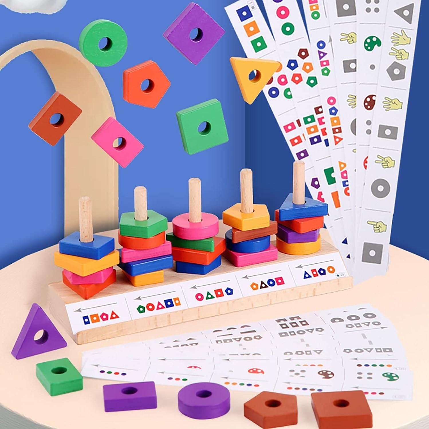 Fidtoy Wooden Shape Blocks Matching Game with Pattern Cards for Kids, 35-Piece Color and Shape Recognition Educational Toy with 16 Cards, Fine Motor and Spatial Awareness Game Age 3+