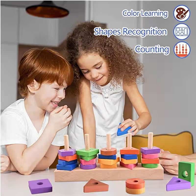 Fidtoy Wooden Shape Blocks Matching Game with Pattern Cards for Kids, 35-Piece Color and Shape Recognition Educational Toy with 16 Cards, Fine Motor and Spatial Awareness Game Age 3+