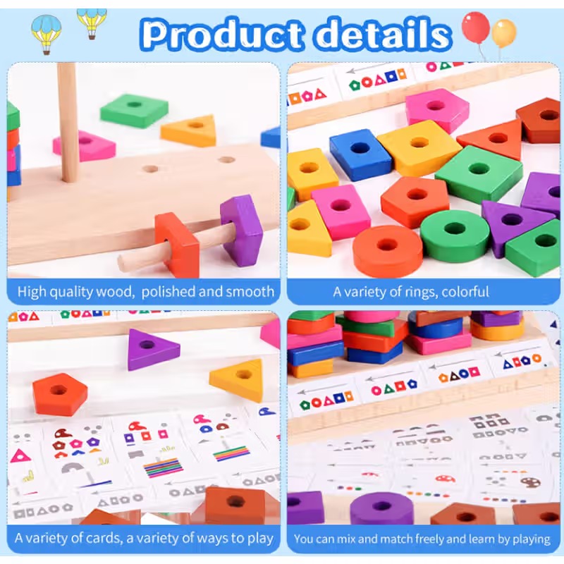 Fidtoy Wooden Shape Blocks Matching Game with Pattern Cards for Kids, 35-Piece Color and Shape Recognition Educational Toy with 16 Cards, Fine Motor and Spatial Awareness Game Age 3+