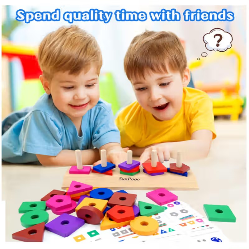 Fidtoy Wooden Shape Blocks Matching Game with Pattern Cards for Kids, 35-Piece Color and Shape Recognition Educational Toy with 16 Cards, Fine Motor and Spatial Awareness Game Age 3+