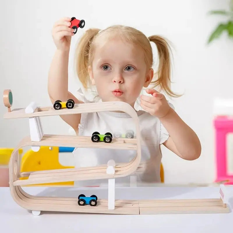 Fidtoy Wooden Car Ramp for Toddlers – Montessori Indoor Racing Toy for Creative Play