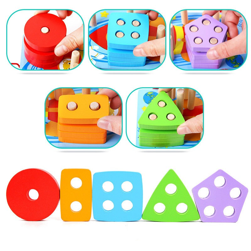 Fidtoy Wooden Geometric Shape Sorter Pull Car with 20 Colorful Blocks and Stacking Board for Toddlers 24+ Months