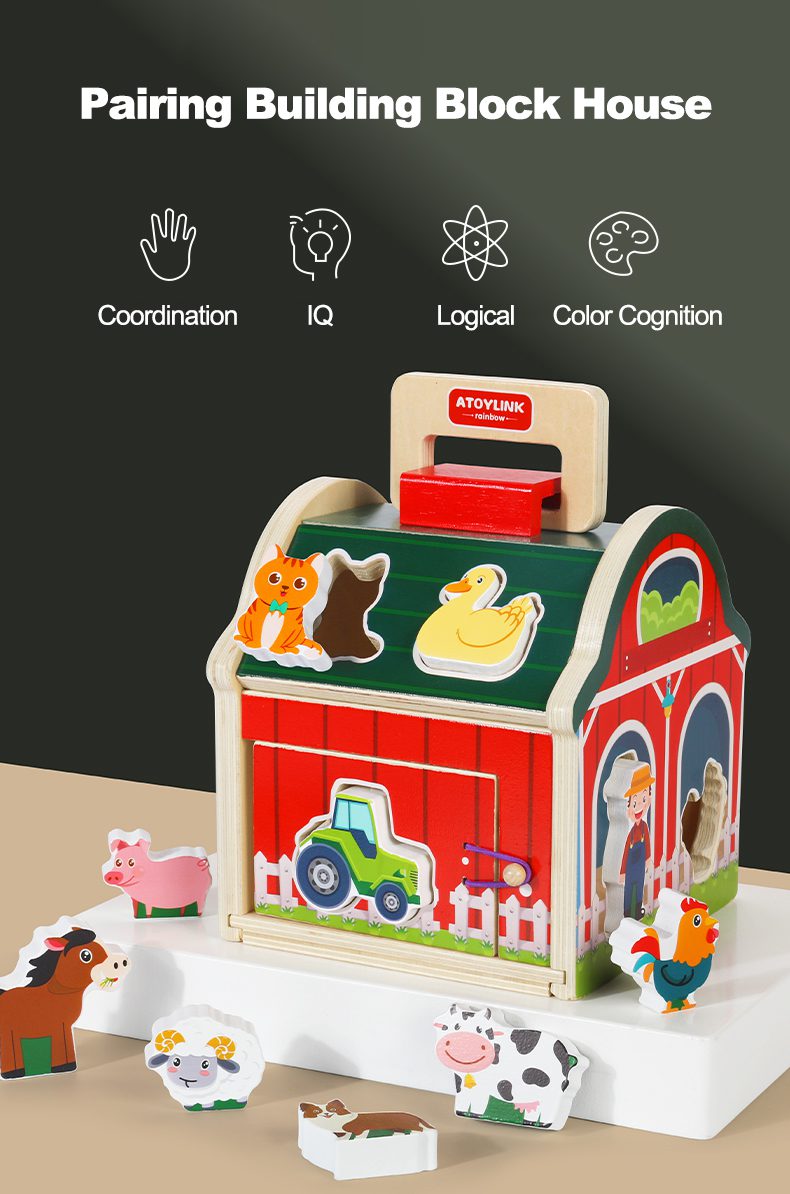 Trieur de formes Grange en bois - Puzzle d'animaux de la ferme et activité de motricité fine