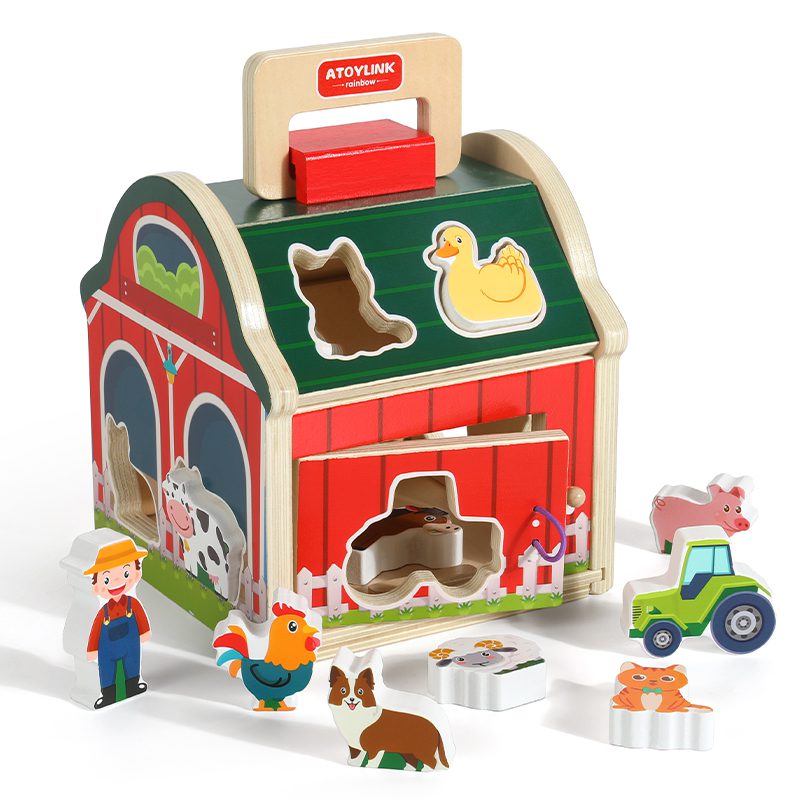 Trieur de formes Grange en bois - Puzzle d'animaux de la ferme et activité de motricité fine
