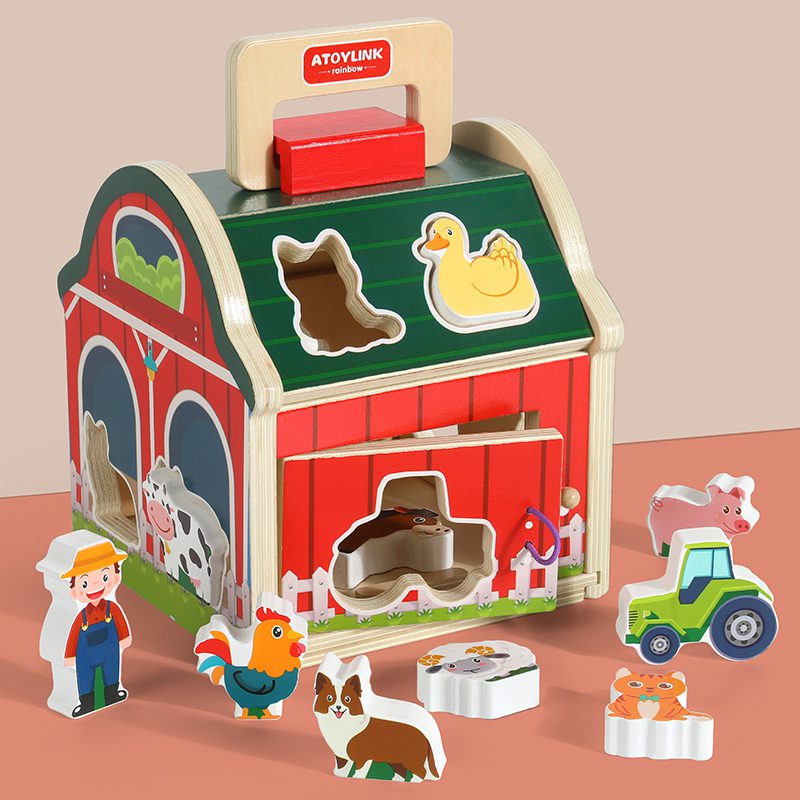 Trieur de formes Grange en bois - Puzzle d'animaux de la ferme et activité de motricité fine