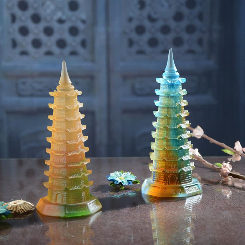 Buddha Stones Feng Shui Wenchang Tower Handmade Liuli Crystal Pagoda Art Piece Luck Home Office Decoration Decorations BS 2