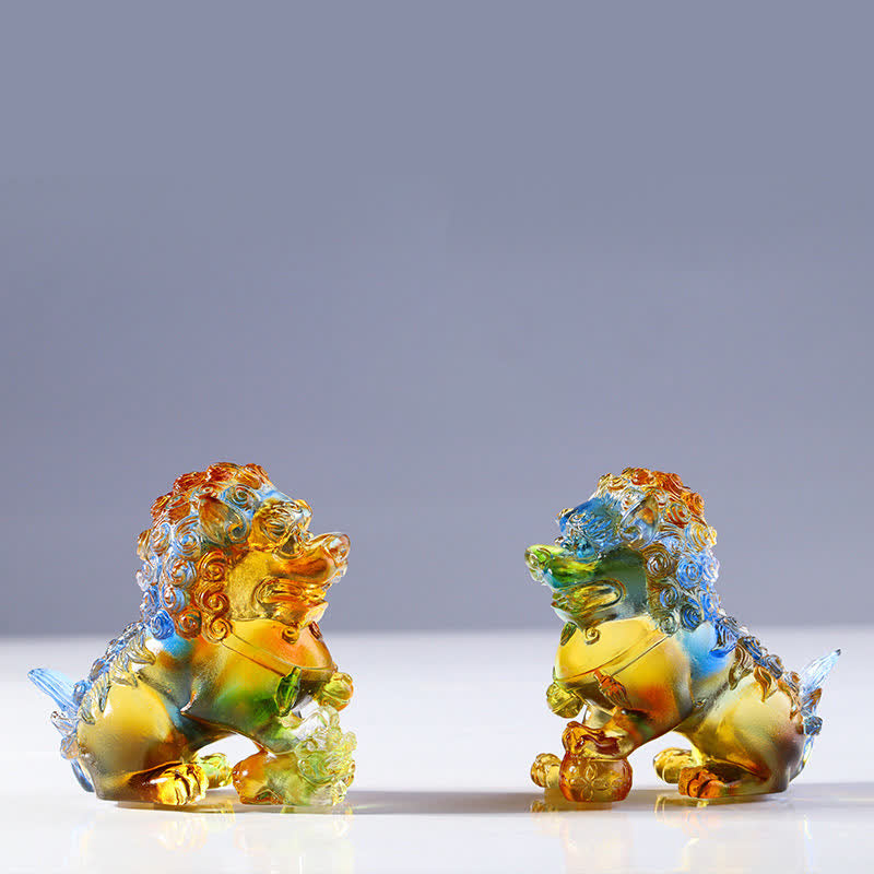 Buddha Stones Handmade Liuli Crystal Lion Art Piece Strength Home Office Decoration Decorations BS A Pair of Colorful Lions