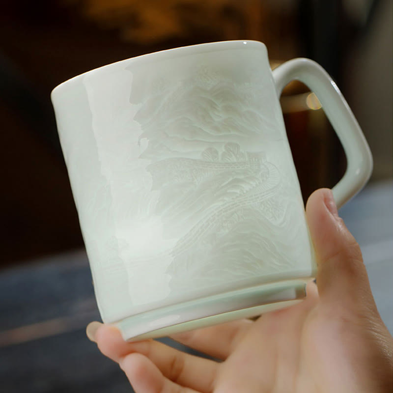 Buddha Stones Jingdezhen White Porcelain Handmade Great Wall Landscape Engraved Ceramic Teacup Office Mug Tea Cups Cup BS 6