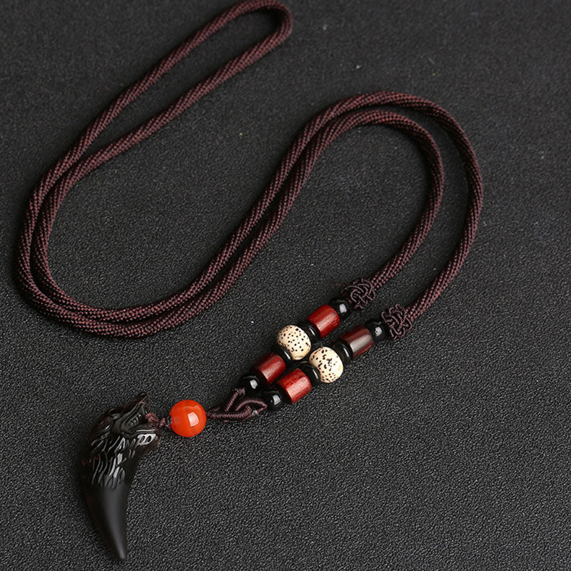 Buddha Stones Natural Ice Obsidian Wolf Tooth Pattern Courage Necklace Pendant - 41*14mm Ice Obsidian&Bodhi Seed&Brown String - image 8