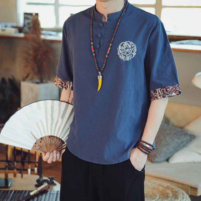 Buddha Stones Frog-Button Dragon Embroidery Chinese Tang Suit Short Sleeve Shirt Linen Men Clothing Men's Shirts BS 38